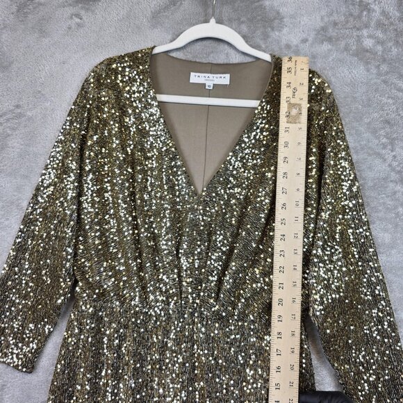 Trina Turk Dress Womens 10 Gold Sequin Blouson V Neck Dolman Sleeve Short Party - Picture 9 of 13